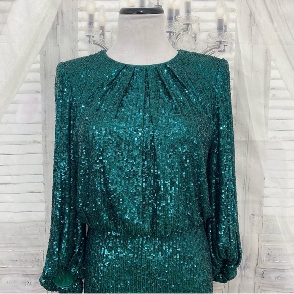 NWT Vince Camuto Size 6 Green 3/4 Balloon Sleeve Crew Neck Sequin Dress Sheath - Picture 3 of 14